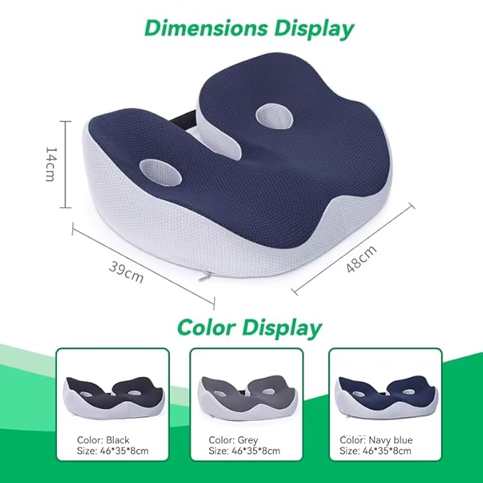Seat Cushion Office Chair Orthopedic Memory Foam Coccyx Pad Sciatica Pain Tailbone Back Comfort Posture Alignment Pressure Ideal Home Car Work