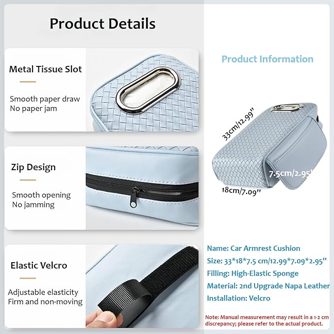 Car Armrest Cushion Cover Car Center Console Memory Foam Booster Pad with Storage Pocket and Tissue Hole for Sedan Vehicle (Grey, 12.99 * 7.09 * 2.95'' / 33 * 18 * 7.5 cm)