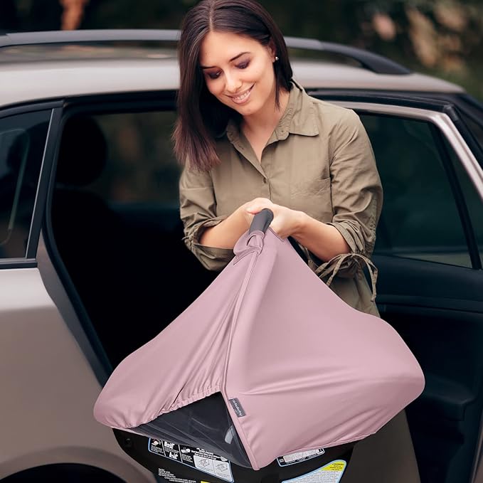 liuliuby Summer Baby Car Seat Cover | 2-in-1 Breathable Carseat Sun Shade & Mosquito Net | UV Protection Lightweight Canopy Covers for Infant Girls | Bug Net Mesh for Warm Weather (Pink)