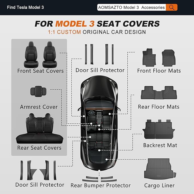 AOMSAZTO Seat Covers for Model 3 2017-2023-Full Set Leather Waterproof Car Seat Covers Airbag-Ready Design Custom Fit for Tesla Model 3(with Armrest & Rear Door Pads Cover)-Black