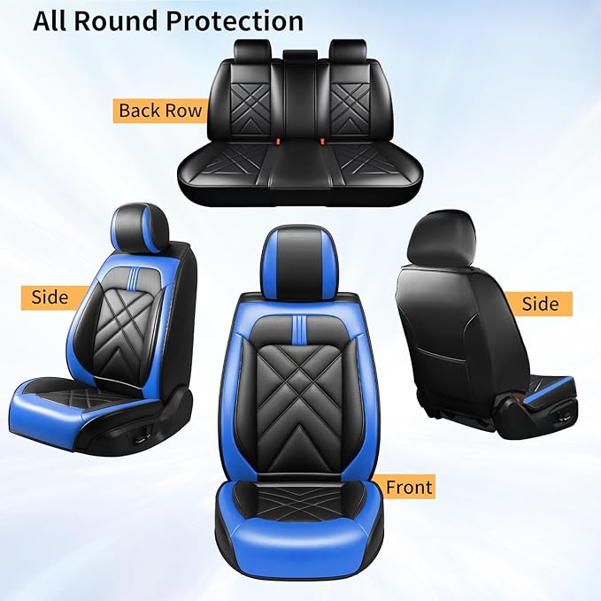 Car Seat Covers Fit for Mazda 3 2007-2026, Premium Leather, Full Coverage Leather Waterproof Breathable Seat Covers, Automotive Seat Protectors, Airbag Compatible(Full Set Seats, Black-Blue)