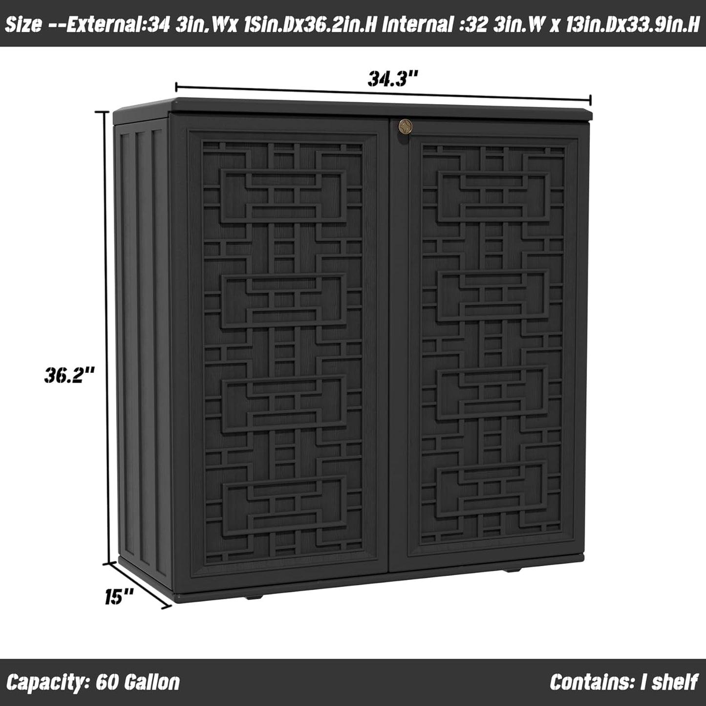 Indoor Outdoor Storage Cabinet Waterproof with Shelf,Plastic Storage Sheds Outdoor Cabinets for Patio/Garden/Backyard, Size 34.3''L*15''W*36.2''H(Black)
