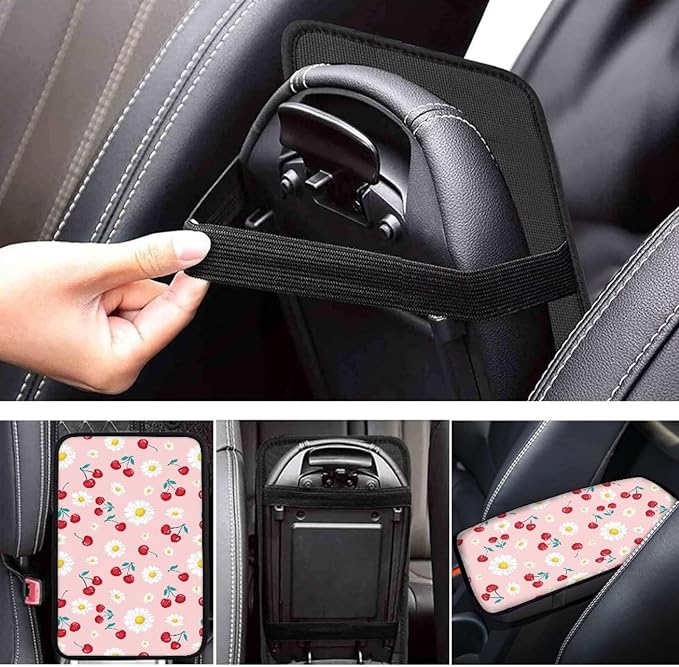 Dreaweet Car Armrest Cover Pink Center Console Cover Cute Cherry Car Accessories for Women Girly,Universal Auto Center Console Cover Pad for Cars SUV Trucks Sedan Soft Comfortable