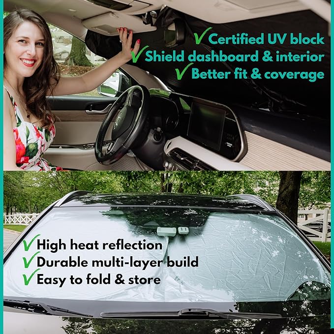 Windshield Sun Shade -Certified 99.87% UVB & 99.02% UVA Car Sun Shade. Award Winning Sunshade - Patented Technology | Compatible for Audi Q7 (2007-2015) | Car Shades by Kinder Fluff