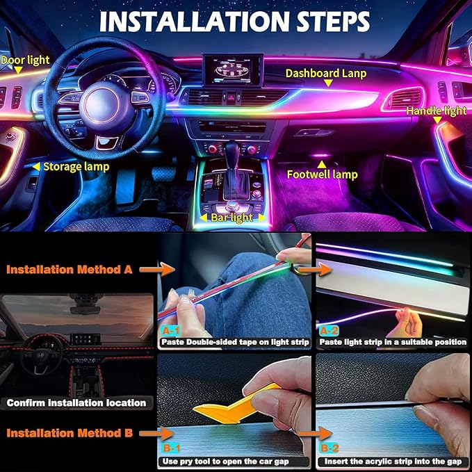 Interior Car LED Strip Lights, Acrylic LED Lights for Car with Dynamic Dreamcolor Chasing, 6 in 1 175 inches 593 LEDs Ambient Lighting Kits Music Sync Wireless APP and Remote Control
