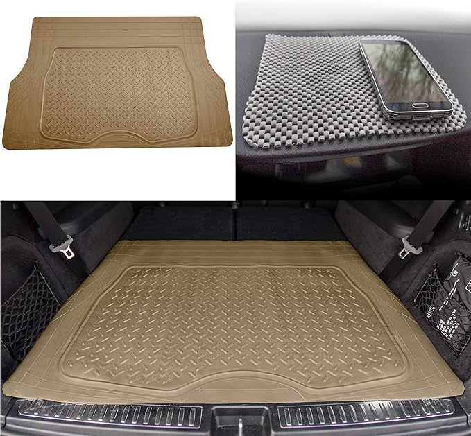 TLH Premium Trimmable Beige Cargo Mat Car Trunk Liner Universal Fit Set w/Gray Dash Pad, Trimmable Automotive Floor Mats, Climaproofâ„¢ Floor Mats for Most Sedan, Cars, SUV, Truck Floor Mats.