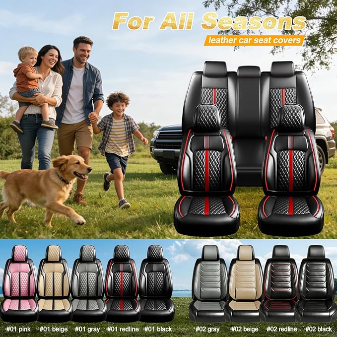 Fit Prologue Car Seat Covers for Select Honda Prologue 2024-2026 - Premium Full Coverage Leather, Airbag Compatible, Waterproof & All Weather Seat Cushion Protector, Full Set, Red Trim