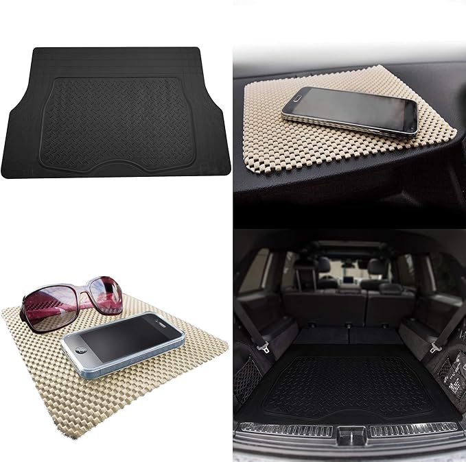 TLH Premium Trimmable Black Cargo Mat Car Trunk Liner Universal Fit Set w/Beige Dash Pad, Trimmable Automotive Floor Mats, Climaproofâ„¢ Floor Mats for Most Sedan, Cars, SUV, Truck Floor Mats.