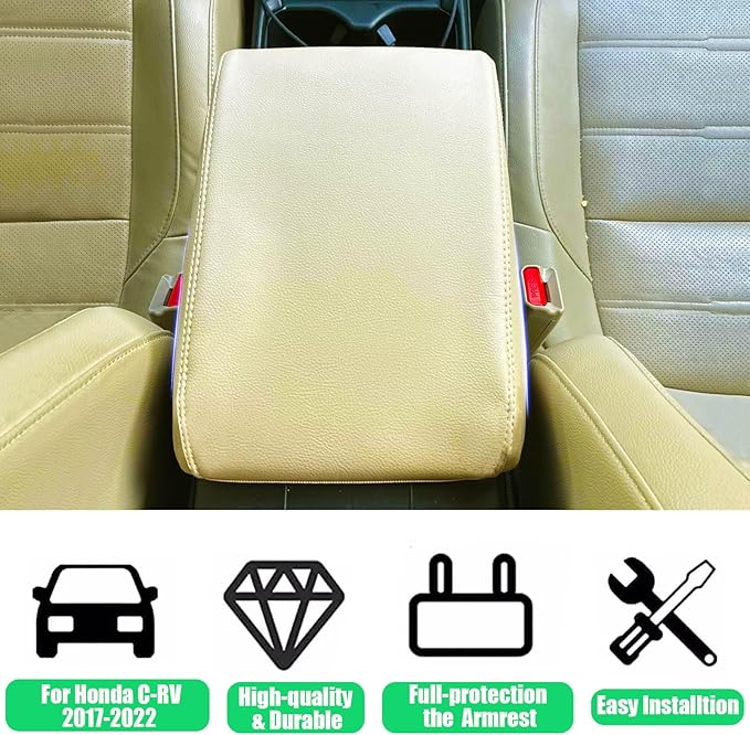 for Honda CRV 2017-2022 Center Console Cover - Vegan Leather Extra Soft Armrest Cover for Honda CR-V Interior Accessories 2017 2018 2019 2020 2021 2022(Beige)