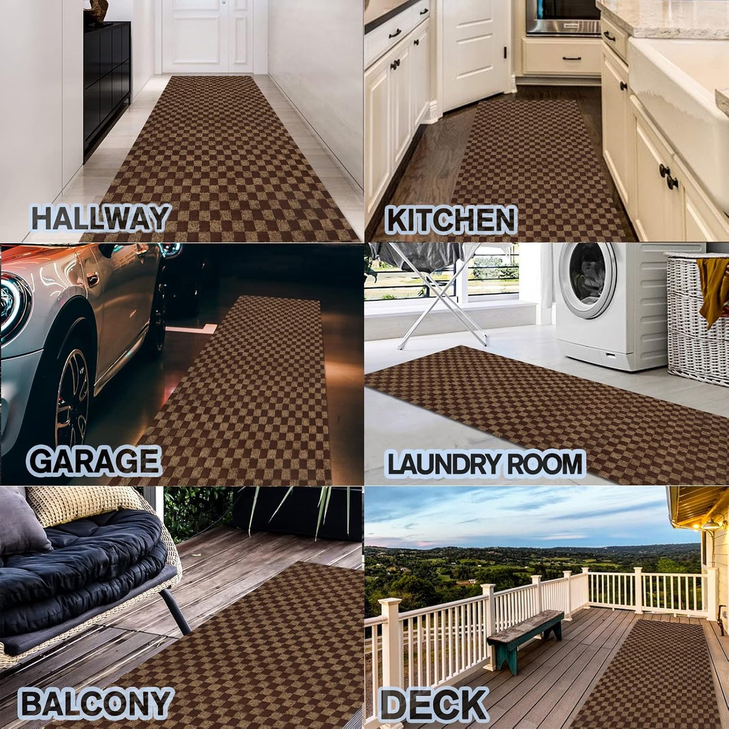 Custom Size Backed Non-Slip Area Rugs Runner, Easy Clean, Waterproof Runner Rugs for Hallway Entryway, Kitchen, Laundry, 2FT x 40FT, Brown Checkered