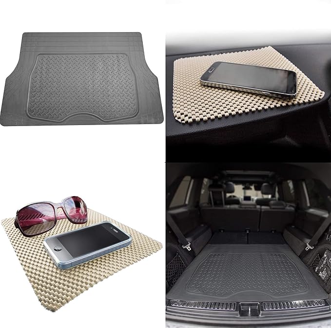 TLH Premium Trimmable Gray Cargo Mat Car Trunk Liner Universal Fit Set w/Beige Dash Pad, Trimmable Automotive Floor Mats, Climaproofâ„¢ Floor Mats for Most Sedan, Cars, SUV, Truck Floor Mats.