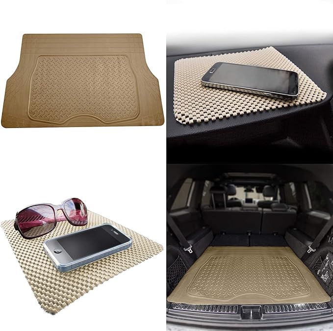 TLH Premium Trimmable Beige Cargo Mat Car Trunk Liner Universal Fit Set w/Beige Dash Pad, Trimmable Automotive Floor Mats, Climaproofâ„¢ Floor Mats for Most Sedan, Cars, SUV, Truck Floor Mats.