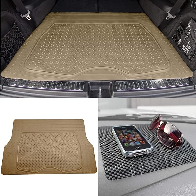 TLH Premium Trimmable Beige Cargo Mat Car Trunk Liner Universal Fit Set w/Black Dash Pad, Trimmable Automotive Floor Mats, Climaproofâ„¢ Floor Mats for Most Sedan, Cars, SUV, Truck Floor Mats.