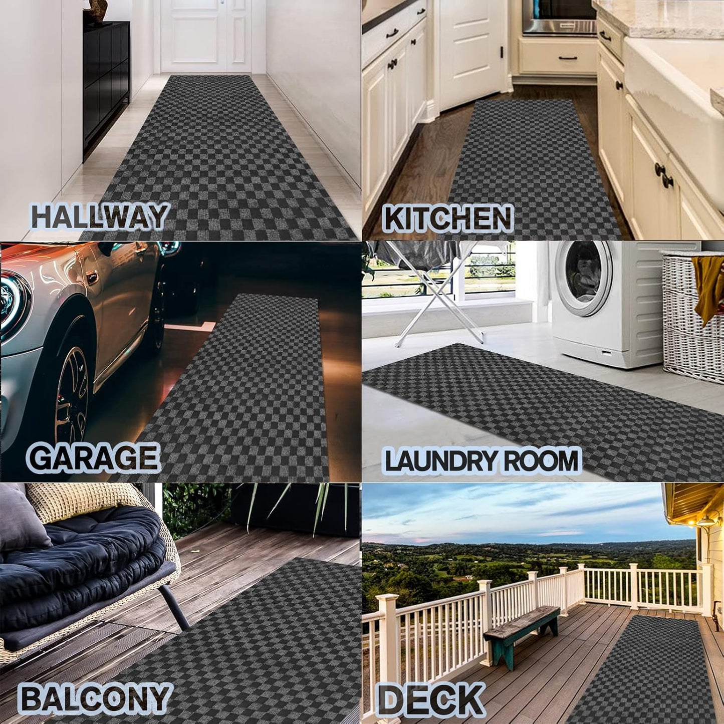 Custom Size Backed Non-Slip Area Rugs Runner, Easy Clean, Waterproof Runner Rugs for Hallway Entryway, Kitchen, Laundry, 3FT x 68FT, Gray Checkered