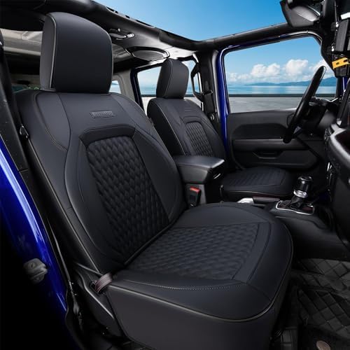 Coverado Seat Covers for Jeep Wrangler, Front Waterproof Leather Car Automotive Seat Covers for Trucks Cushion, Wrangler JL Accessories Custom Fit for 2018-2026 Jeep Wrangler 2-Door/4-Door(Black)