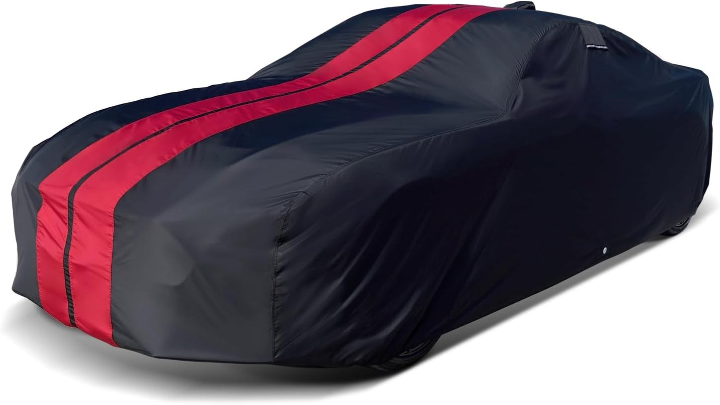 iCarCover Custom Car Cover for Pontiac Parisienne 4-Door (1965-1970) Waterproof All-Weather Rain Snow UV Sun Protector Full Exterior Indoor Outdoor Car Cover (Stripe - Black/Red)