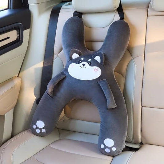 Car Pillow for Travel – Animal-Themed Car Seat Cushion with Safety Belt Protector – 4 Cute Styles: Pig, Dog, Rabbit, Panda (Dog)