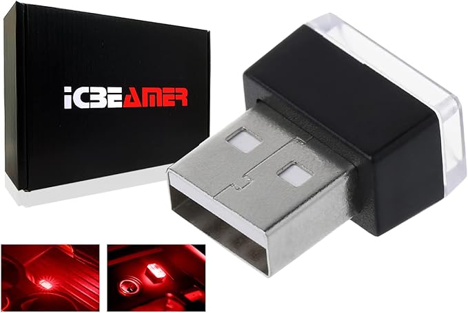 ICBEAMER Mini USB LED Light 1-Pack (Red) | Direct Plug-in Miniature/Nano Car Interior Ambient Accent Lighting Kit, Universal Fit for Auto Interior and Trunk