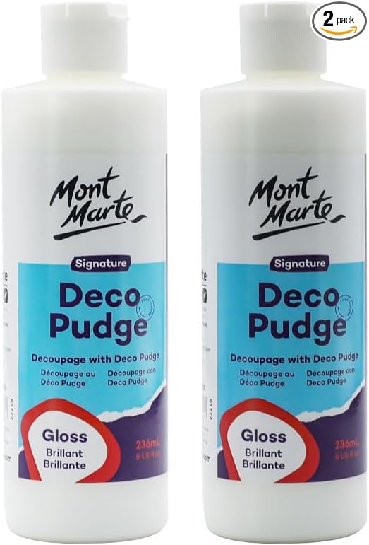 Mont Marte Deco Pudge Craft Varnish Signature 236ml (8 US fl.oz) 2PACK– Gloss, Multi-Purpose Clear Craft Sealer, Varnish, Decoupage Glue, Ideal for Acrylic Paints, Paper, Wood, Ceramics, Fabrics, Clay