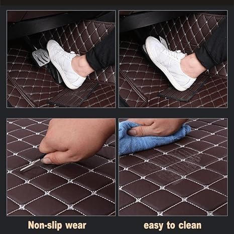 Custom Floor Mats for Cars，Luxury Full Coverage All Weather Car Floor Mats，Leather Car Mat Set ， Floor Mats for 99% of Cars, Trucks & SUVs (Black Double Stitched Edges with Yellow Stripes)