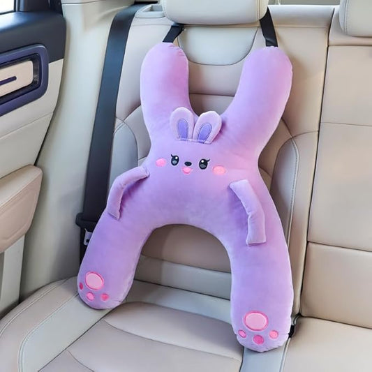 Car Pillow for Travel – Animal-Themed Car Seat Cushion with Safety Belt Protector – 4 Cute Styles: Pig, Dog, Rabbit, Panda (Rabbit)
