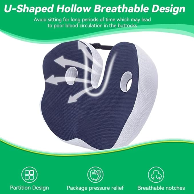 Seat Cushion Office Chair Orthopedic Memory Foam Coccyx Pad Sciatica Pain Tailbone Back Comfort Posture Alignment Pressure Ideal Home Car Work