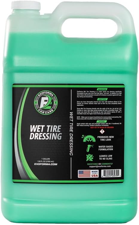 ExoForma Wet Tire Dressing Spray - Extremely High Shine Tire Dressing for That Wet Look - No Sling, Non-Greasy Silicone Formula with UV Protection - Easy to Apply, Minimal Cure Time - 128 fl oz