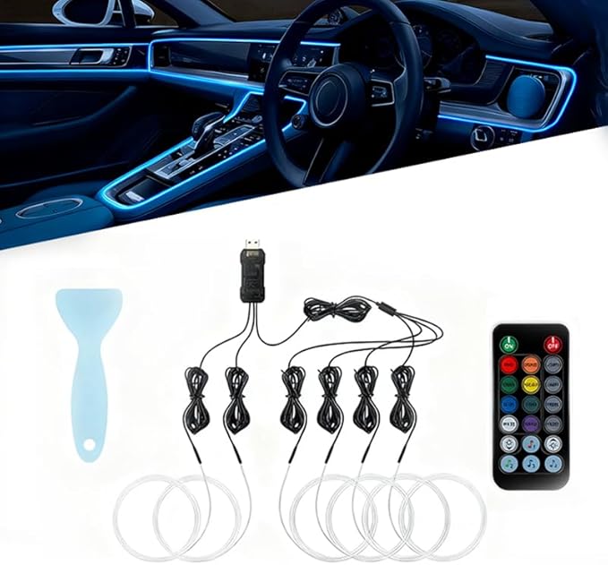 Car LED Lights Interior for Cadillac CTS 2010–2019, 6 in 1 Ambient Lighting Kit with Remote Control, Car USB LED Strip Lights with Sync to Music, for Cars Trucks SUVs, 8m