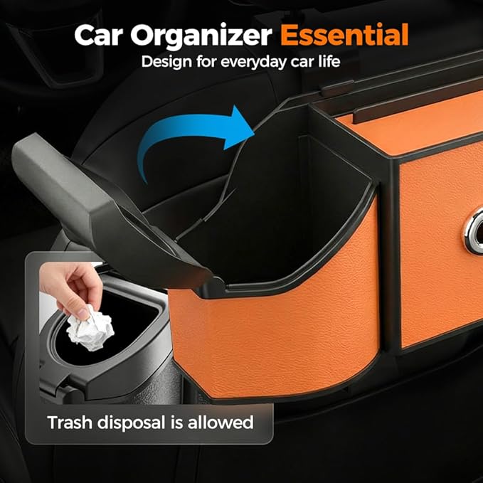 7-in-1 Car Backseat Organizer,Multifunctional Car Organizers and Storage Box with Cup Holder, Tissue Box,Trash Bin,Phone Mount and Hooks,Car Essentials Accessories for Women and Men (Orange)