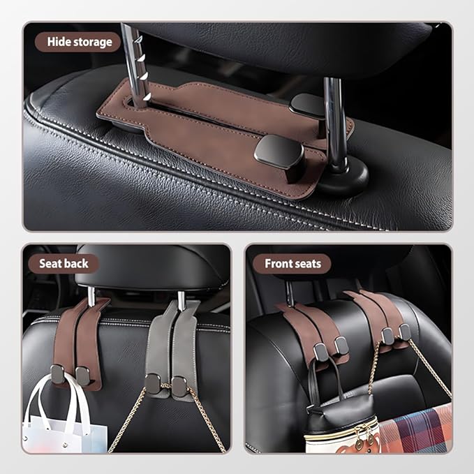 Car Seat Back Storage Hook, 2026 New Two Hook Fur Leather Seat Back Headrest Hanger Genuine Leather Double Metal Hook for Backseat Organizer, Car Organization Accessories (4, Gray)