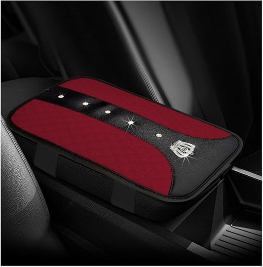 Bling Leather Car Center Console Cover, Anti-Slip Crown Armrest Seat Box Cushion Pad with Rhinestones, Waterproof Crystal Arm Rest Protector Interior Decor for Most Vehicles (Wine Red)