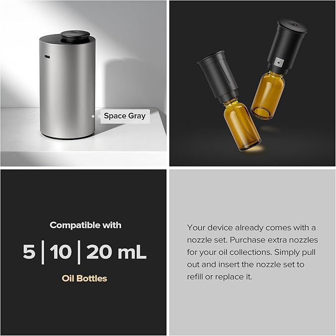 Airversa Waterless Essential Oil Diffuser Starter Kit with 4 x 10mL Fragrance Scent Oil, Battery Operated Mini Scent Air Machine Portable Diffuser for Home Car Office, ANX Titanium Kit-C