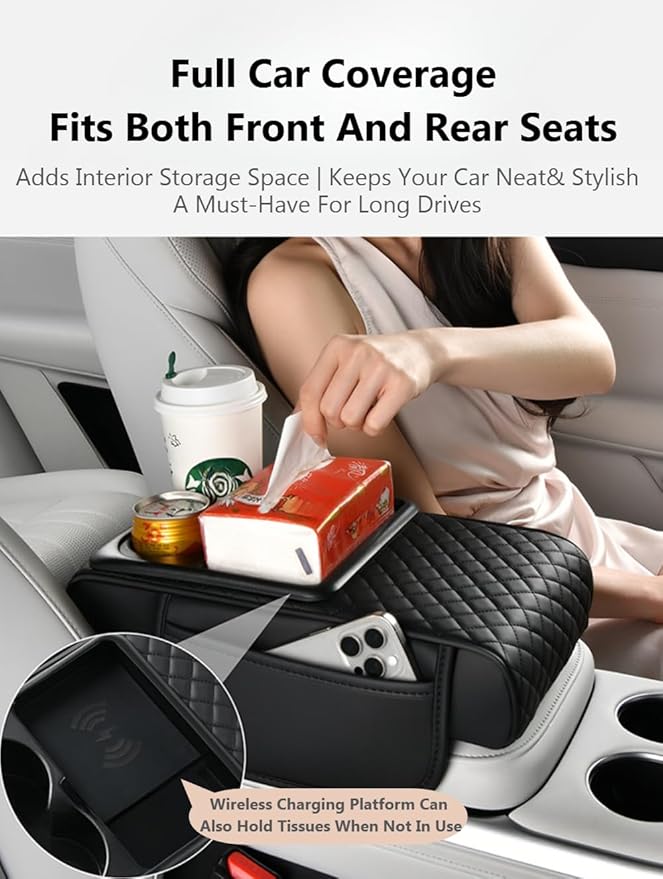 Car Armrest Pad with Built-in Induction Charging, Leather Center Console Cushion with 15W Power Pad, Dual Cup Holders, Storage Pockets - Black