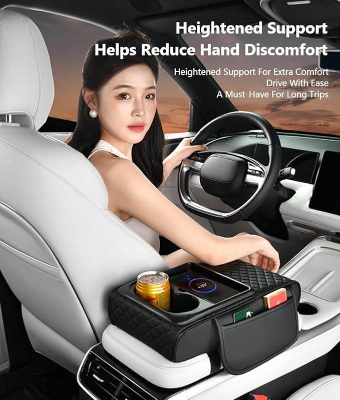 Car Armrest Pad with Built-in Induction Charging, Leather Center Console Cushion with 15W Power Pad, Dual Cup Holders, Storage Pockets - Black
