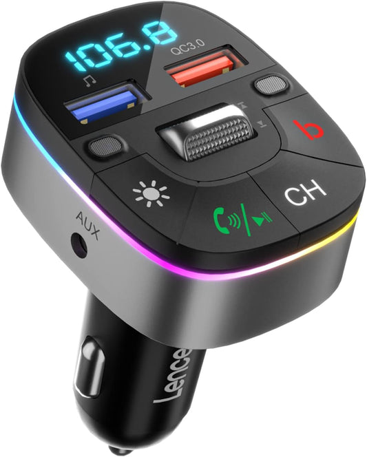 LENCENT Bluetooth Car Adapter, 5.0 Car FM Transmitter with QC3.0 Charger, AUX Bluetooth Radio Music, Wireless Dual Mics, Bass Sound, Cigarette Lighter, & HandsFree, Supports Siri & Google Assistant