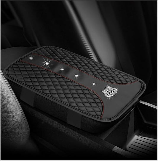 Bling Leather Car Center Console Cover, Anti-Slip Crown Armrest Seat Box Cushion Pad with Rhinestones, Waterproof Crystal Arm Rest Protector Interior Decor for Most Vehicles (Black)