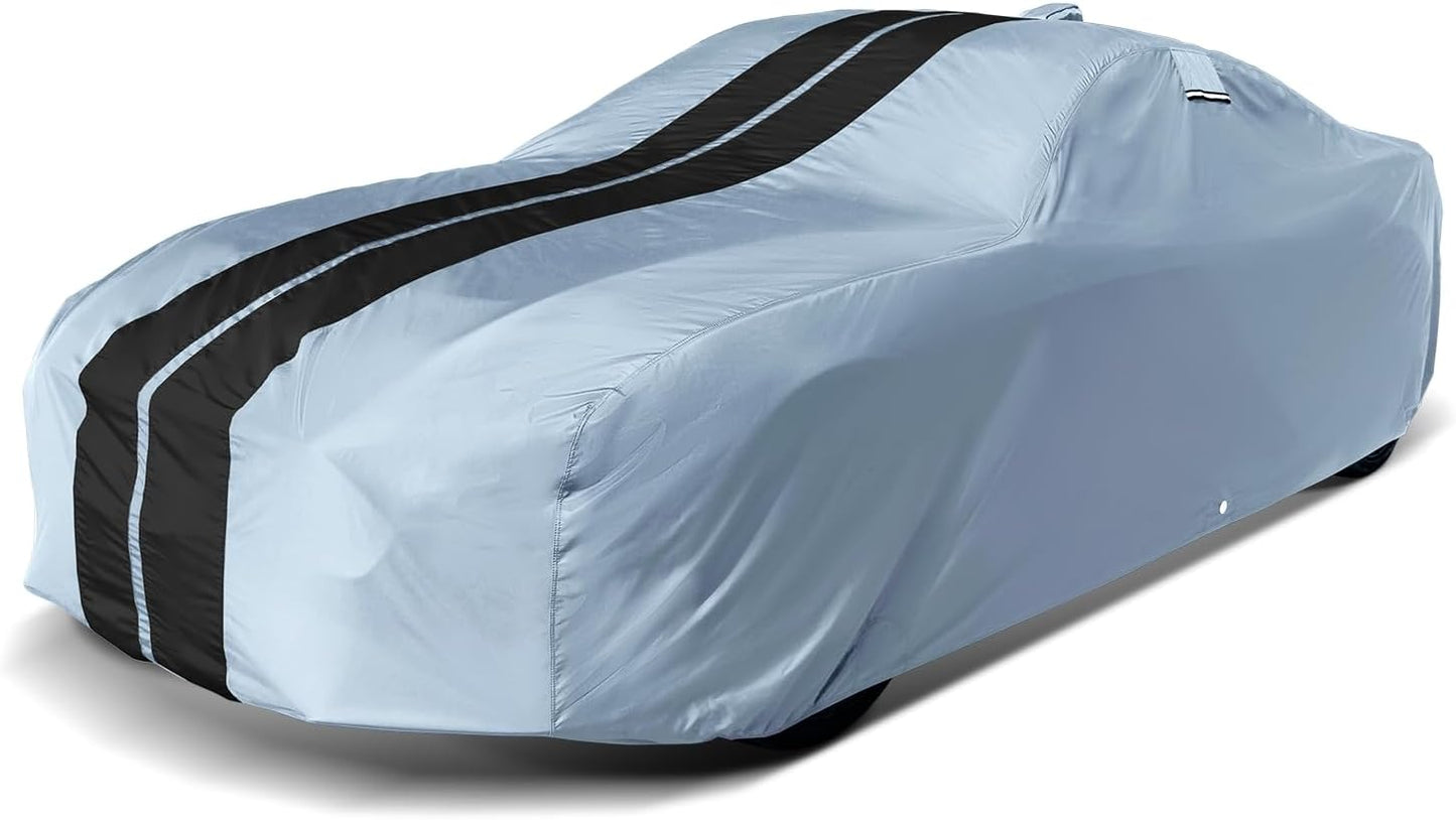 iCarCover Custom Car Cover for Pontiac GTO (1973) Waterproof All-Weather Rain Snow UV Sun Protector Full Exterior Indoor Outdoor Car Cover (Stripe - Gray/Black)