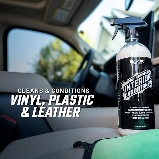 Slick Products Multi-Surface Interior Conditioner – Cleans & Conditions Vinyl, Plastic & Leather – Non-Greasy Car Interior Cleaner & Protectant – Fresh New Car Scent – 32 oz.