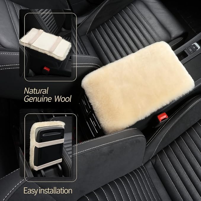 Sheepskin Armrest Cover Auto Center Armrest Cover Car Soft Console Pad, Fluffy Wool Auto Center Console Cover for Most Car Arm Rest Decoration Protector 7 x 13 Inch (Shearling, Khaki)