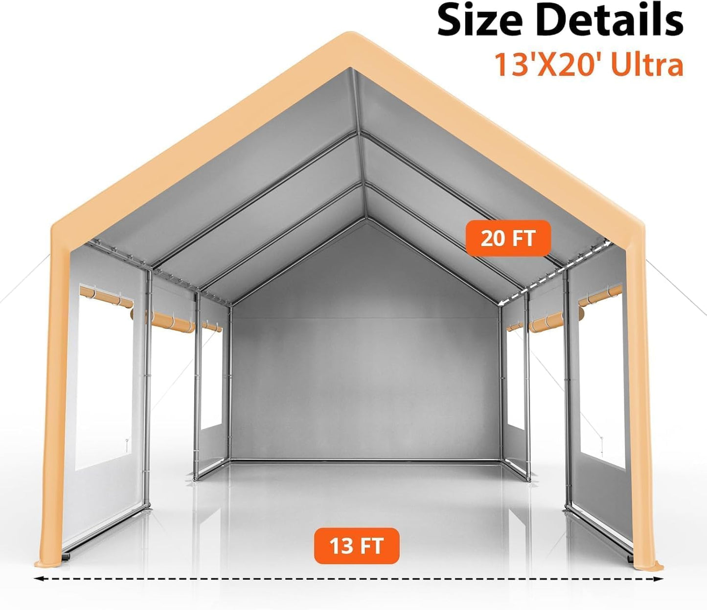 13x20 Ft. Metal Carport Garage with PE Fabric and Galvanized Steel Frame Outdoor Shelter for Cars, Trucks and Boats with 4 Doors and Mesh Windows for Ventilation - Yellow