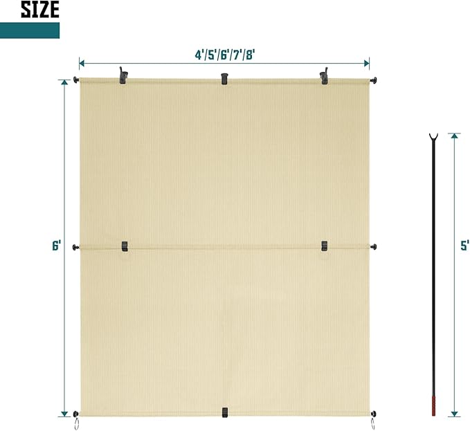Bynbbur 5'W x 5'H Outdoor Patio Shades Foldable Roller Blinds, 220 GSM Sun Shade Roll Up Porch Screens Exterior Shade Cloth for Deck Pergola Backyard, Beige