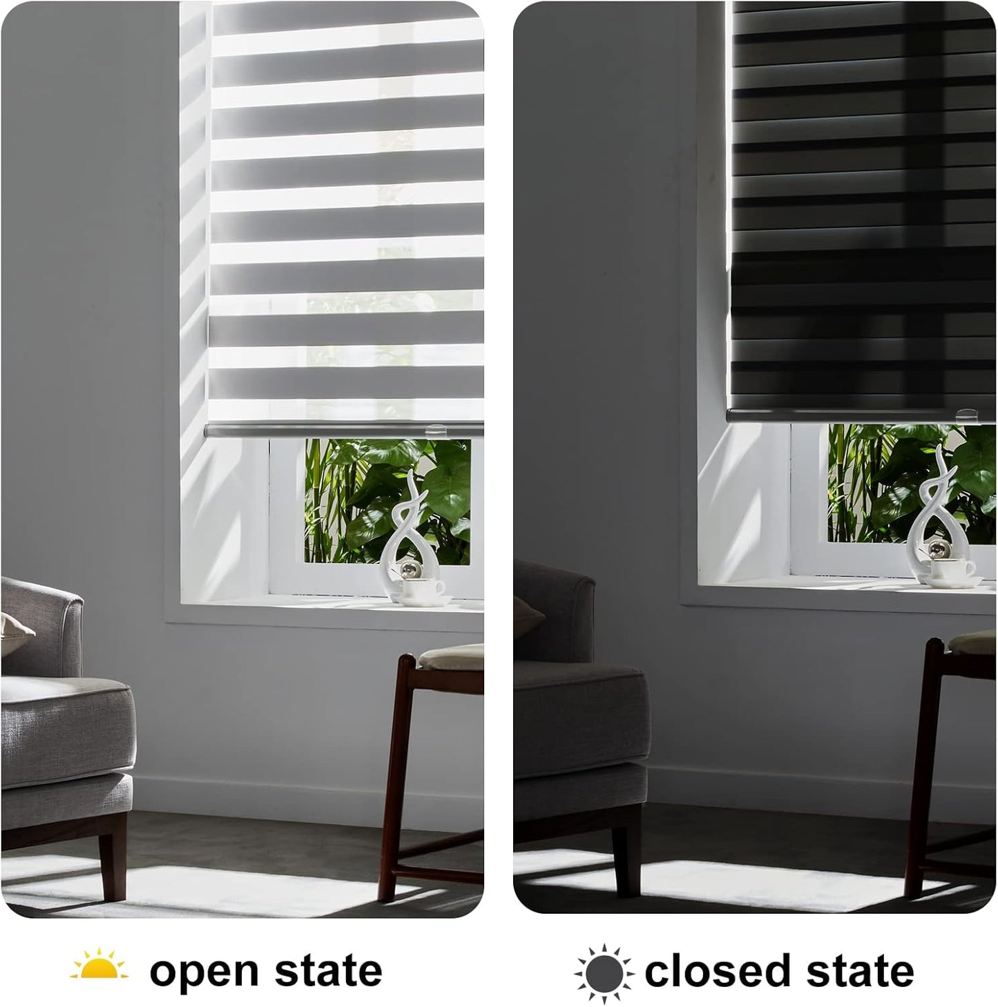 Persilux Cordless Zebra Blinds for Windows Free-Stop Roller Window Shades (22" W X 64" H, Grey) Dual Layer Light Control for Day and Night, Light Filtering Sheer Shades for Home, Easy to Install