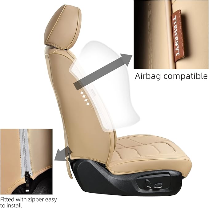 Beige Car Seat Covers Full Set, Breathable Leather Automotive Front and Rear Seat Covers & Headrest for Comfortable Driving, Compatible with Most Cars Sedans SUV Pickup Trucks