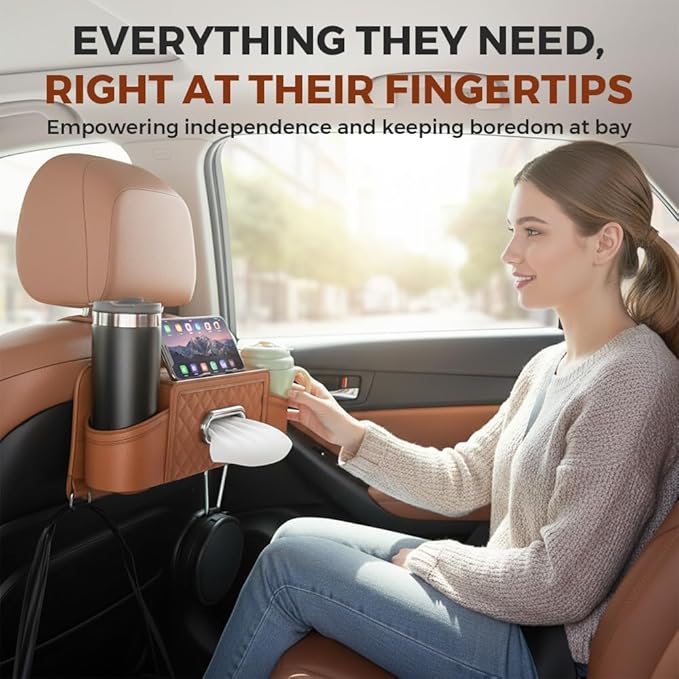3-in-1 Car Backseat Organizer with Cup Holder Tissue Box and Hooks, Multifunctional Car Seat Back Storage Box, Car Headrest Backseat Organizer for Travel SUV Sedan Truck Car Accessories (Orange)