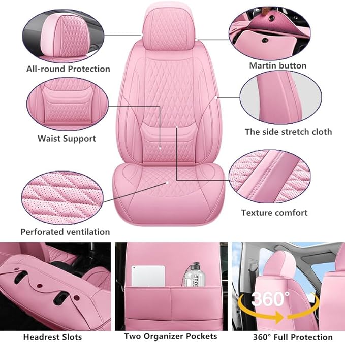 Front Seat Car Seat Covers Custom Fit for Ford Fusion 2007-2020 - Premium Faux Leather with Lumbar Support | Breathable, Waterproof, Anti-Slip, Durable (Pink,Front Seat)