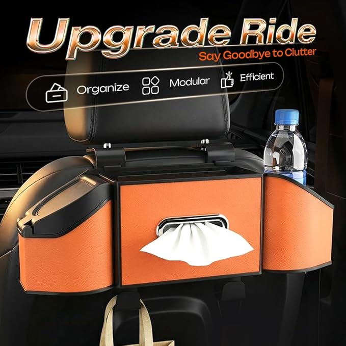7-in-1 Car Backseat Organizer,Multifunctional Car Organizers and Storage Box with Cup Holder, Tissue Box,Trash Bin,Phone Mount and Hooks,Car Essentials Accessories for Women and Men (Black)