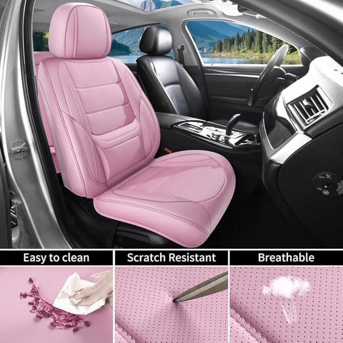 Car Seat Covers Full Set Fit for Buick Envision 2016-2026, Premium Faux Leather Waterproof Car Seat Protectors with Lumbar Support, Breathable Anti-Slip Easy to Install(Pink,Full Set)