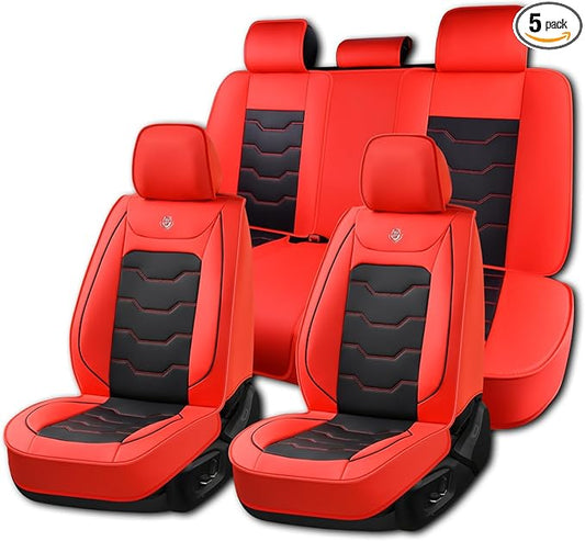 Car Seat Cover Set, Red and Black Seat Covers, Automotive Interior Accessories, Waterproof Synthetic Leather, Protect and Upgrade Your Car Interior, Fits Most Vehicles, Airbag Compatible
