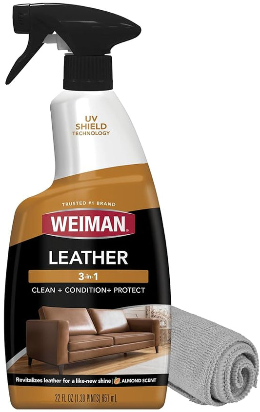 Weiman Leather Cleaner, Polish and Conditioner for Furniture, Car, Purses, Shoes, Boots and Couches- Micro Fiber Towel Included, 22oz