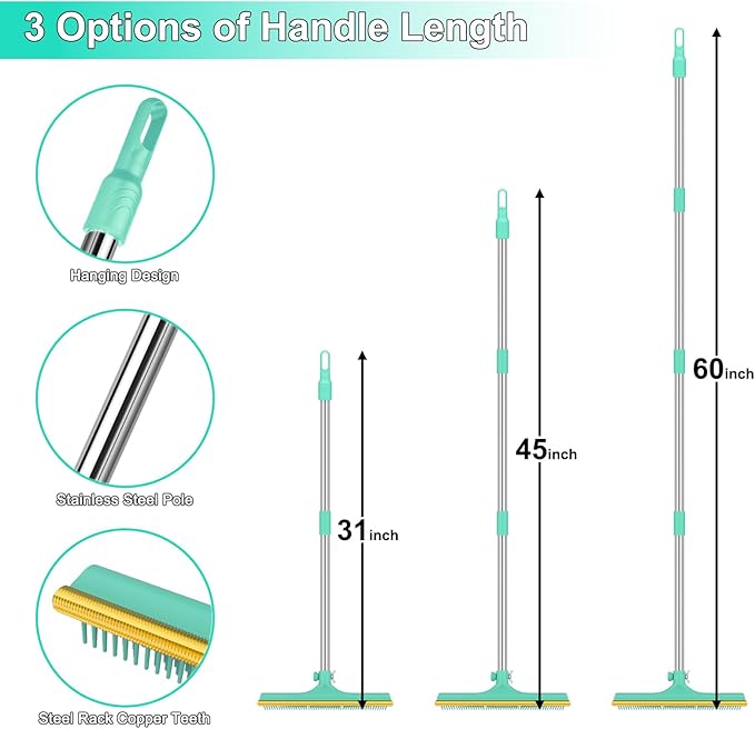 Carpet Rake for Pet Hair Removal, Reusable Pet Hair Remover Broom, 60'' Adjustable Long Handle Dog and Cat Hair Remover Tool Set of 3, Lint Remover Scraper for Carpets, Rugs, Mats, Couch, Car